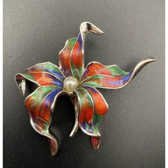 Vtg Brooch Marbled Red Blue Green Multicolor Enamel Silver Tone Flower 2.25" - Picture 2 of 7